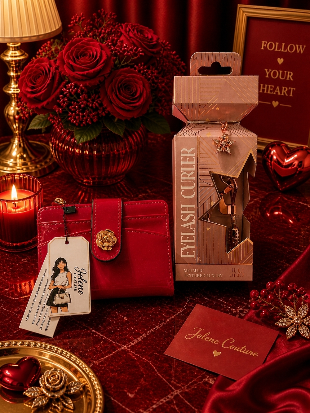 Red Women's Wallet with Gold Floral Button